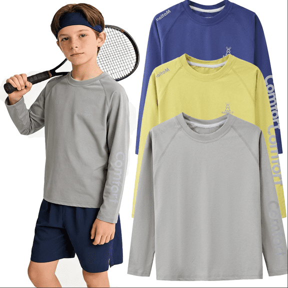 YUANxueke 3-Pack Boys Long Sleeve T-Shirt, Quick Dry Workout Athletic Shirts, Casual Sports Moisture-Wicking Shirts,3-4 Years