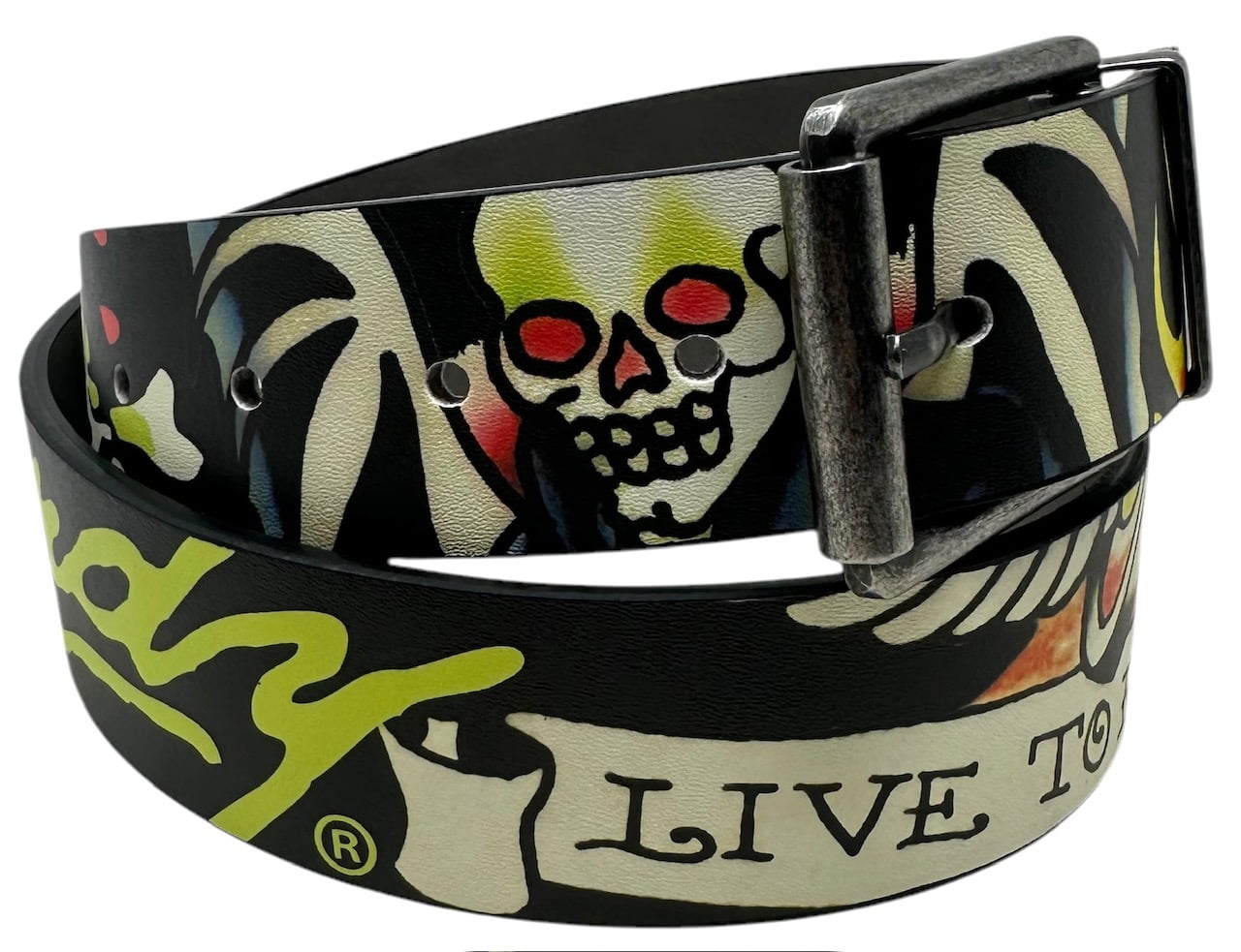 ED HARDY MEN’S SKULL LOVE TATTOO GENUINE LEATHER BLACK BELT SIZE LARGE 49 inches ED HARDY MENS BLACK SKULL & FLOWERS PYRAMID STUD LEATHER  main image 2