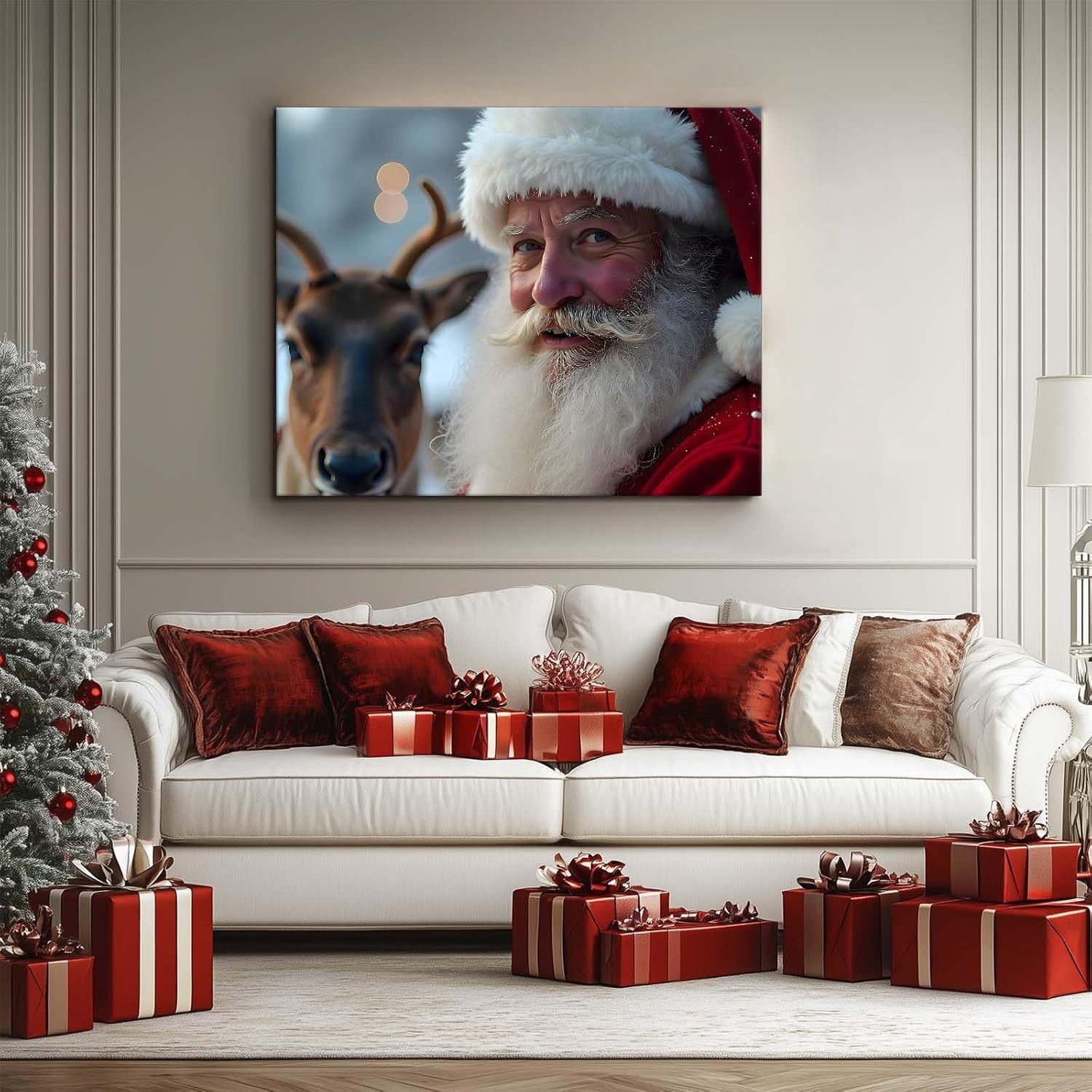 Christmas canvas wall art decor, Santa Claus with Reindeer Canvas Print, Festive Holiday Decor for Room, Unique Christmas Gift for Family and Friends, Adds Christmas Spirit to Your Home 24X30inch