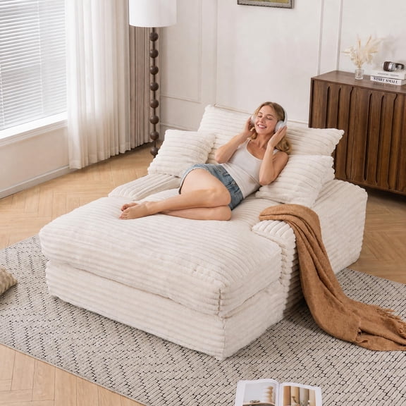 Oversized Chaise Lounge Sofa Bed, UHOMEPRO Corduroy Lounge Chair Indoor with Washable Pillows for Adult, No Assembly Required, Beige