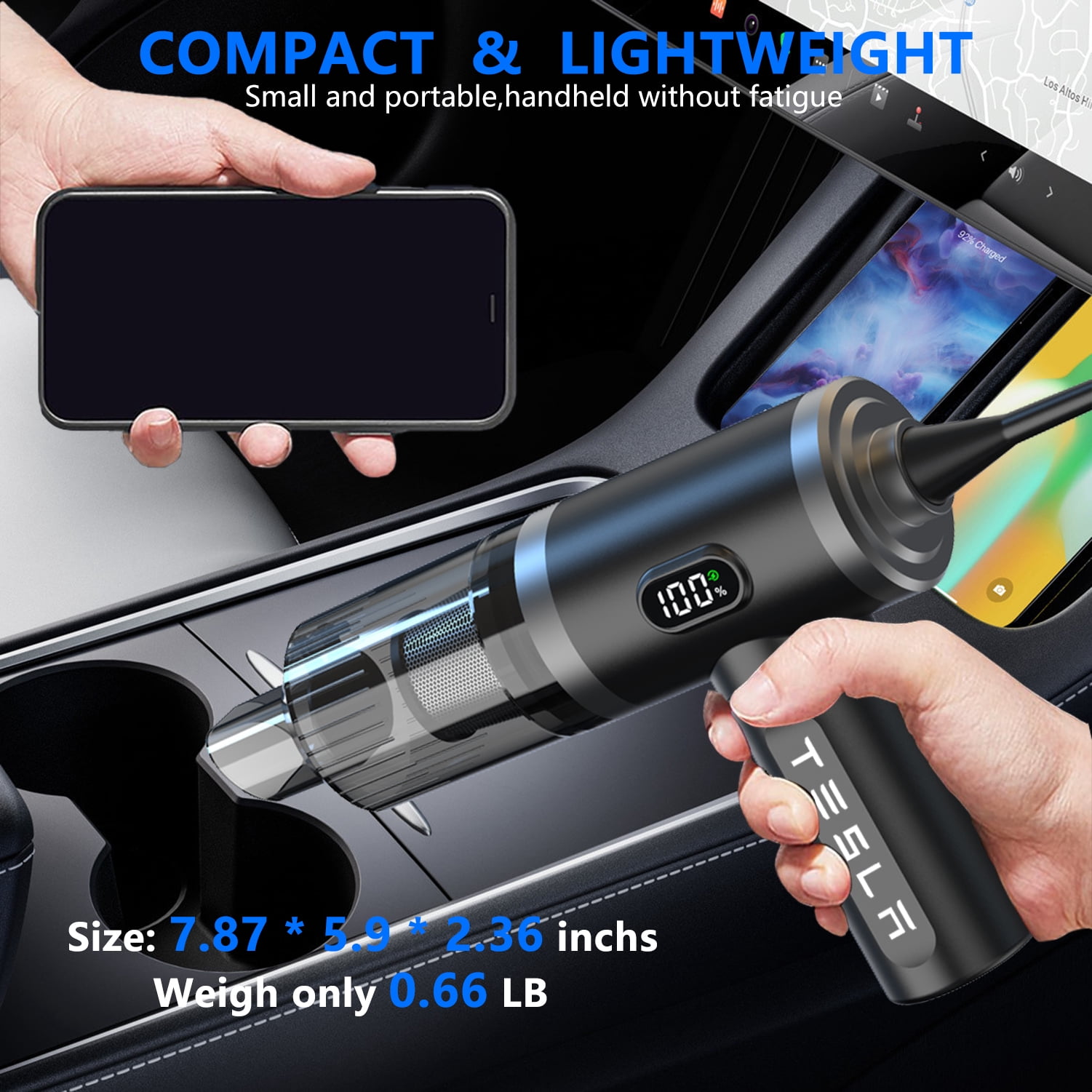 Foldable Car Vacuum Cleaner for Tesla Model 3 Y X S, 4-in-1 Cordless Handheld Vacuum,12000PA High Power, Tesla Mini Portable Car Vacuum with LED, Tesla Model Y 3 X S Accessories 2025-2017