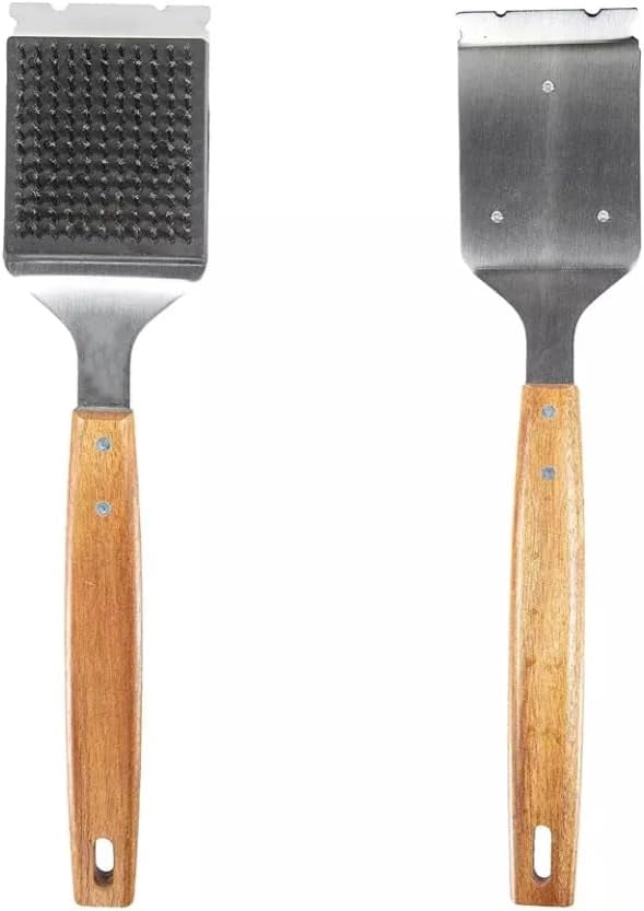 ABPETE Barbecue Grill Brush and Stainless Steel Scraper Scraper Extended Large,Large Wooden Handle, Wire BBQ Grill Brush for Outdoor Grill - No Scratch- BBQ Grill Brush for Any Grill