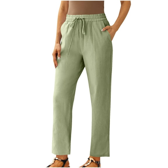 Cmfcve Women's Plus Size Straight Leg Pants Woman Solid Color Tie Cotton Linen Ankle Pants Spring Fall Casual Tour Work Sweatpants