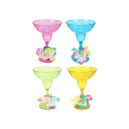 4 Pk Plastic Reusable Decorative  Luau Margarita Glasses w/Hibiscus Flowers 16 oz.