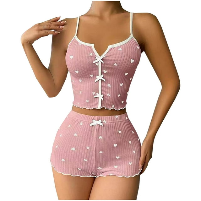 Weiqiqre Ensemble de Pyjama pour Femmes, Mignon Imprimé de Cœurs, Pyjama Confortable et Doux, Tenue de Nuit 2 Pcs