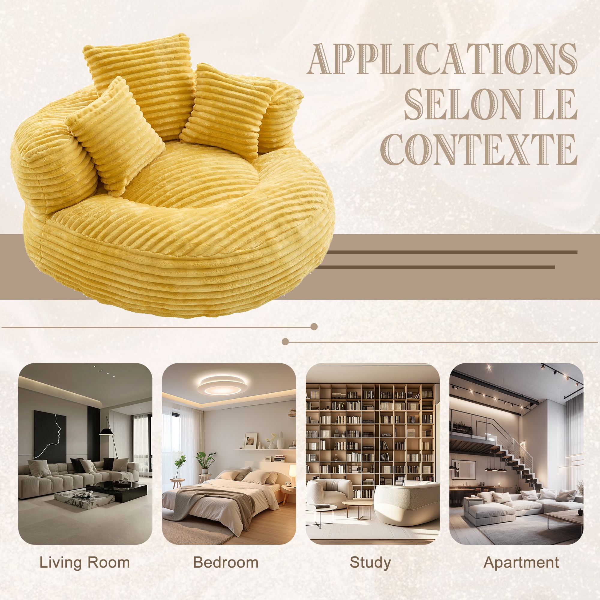 CKEASEAN Oversized Bean Bag Chair for Adults with Armrests & 3 Pillows, Corduroy Bean Bag Sofa with Memory Foam Filler, Lazy Floor Chair No Assembly, Comfy Lounge Seat for Living Room Relaxing