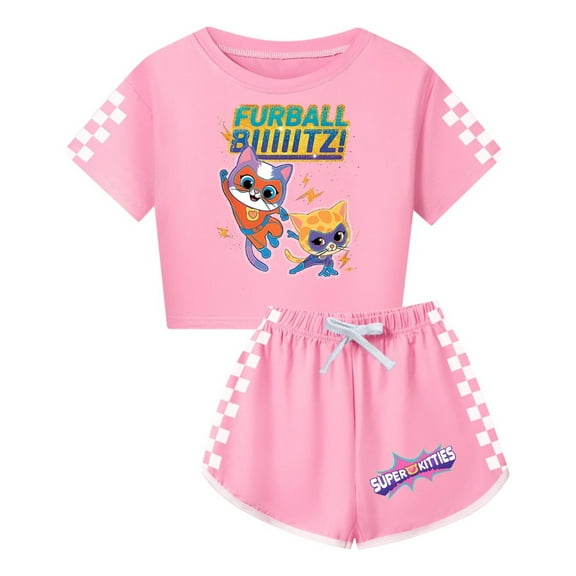 Girls SuperKitties Set – Cropped Top and Comfy Shorts – Kids Fun Summer Cartoon Cat Clothing