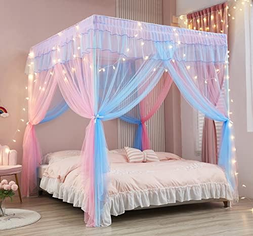 Rainbow Canopy Bed Curtains with Lights - Princess Bed Canopy for Girls - Bed Drapes Netting- Bedroom Decoration Accessories,Queen