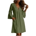 thumbnail image 5 of Tqcoqu Cotton Linen Dresses for Women,Elegant V Neck Flare 3/4 Sleeves Dresses Fashion Pleated Flowy Summer Sundress,Green Women's S-XXL, 5 of 8