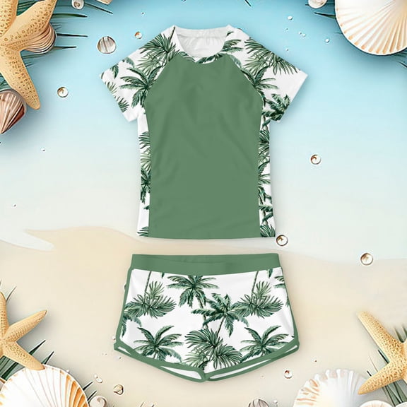 Ulitacool Swimsuit For Girl Short Sleeve Two Piece Swimwear Set Summer Beach Pool Outfit Floral Print Round Neck Bikini Top With Shorts For Teen Girls Adorable Clothes 7-8 Years Army Green