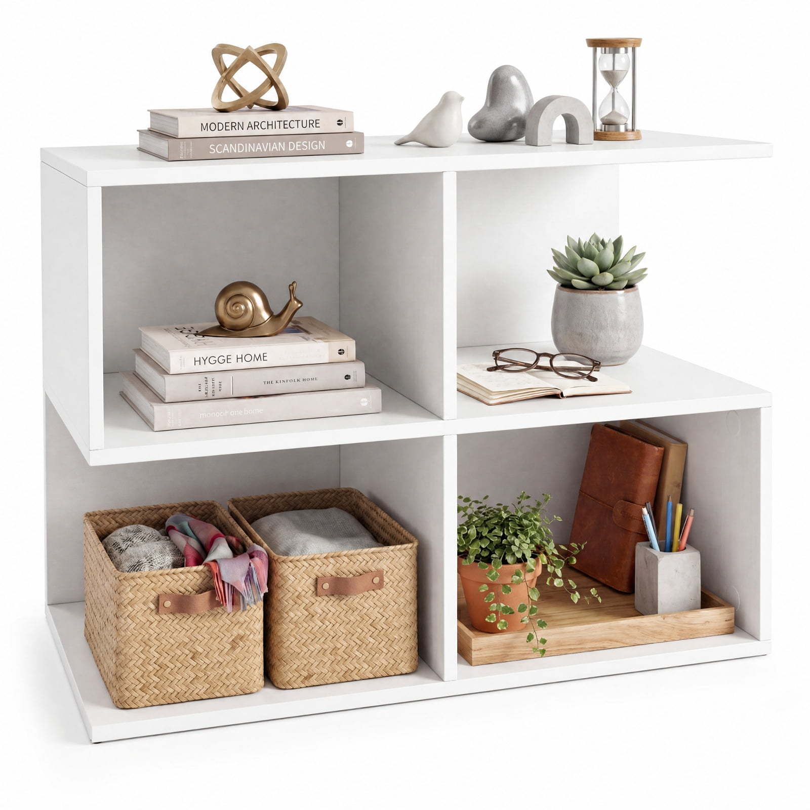 Furnibear 3 Tier S Shaped End Table with 4 Storage Cubes and Spacious Tabletop for Living Room Sofa Side and Bedroom, White
