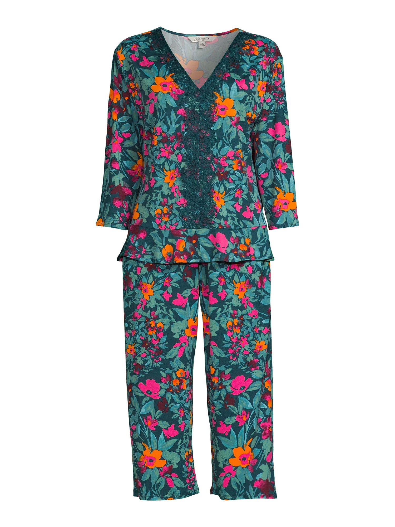 The Pioneer Woman 3/4 Sleeve V-Neck Top and Cropped Pant Pajama Set, 2-Piece, Women's