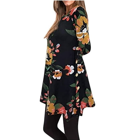 

Fall Dresses for Women Fashion Women Autumn Crew Neck Plaid Printing Loose Comfy Long Sleeve Button Dress Black XL
