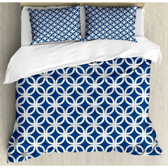Navy Duvet Cover Set, Woven Marine Sea Life Inspired in Square Shapes Geometric Grid Art Print, Decorative 3 Piece Bedding Set with 2 Pillow Shams, Calking Size, Navy Blue and White, by Ambesonne