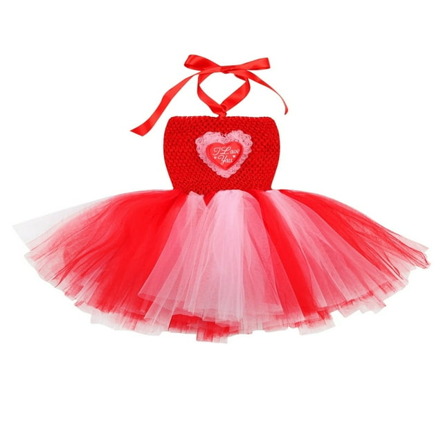 Robe de Saint-Valentin pour Bébé Fille Princesse Imprimé Cœur Sans Manches en Dentelle Tutu Rouge 3-4 Ans