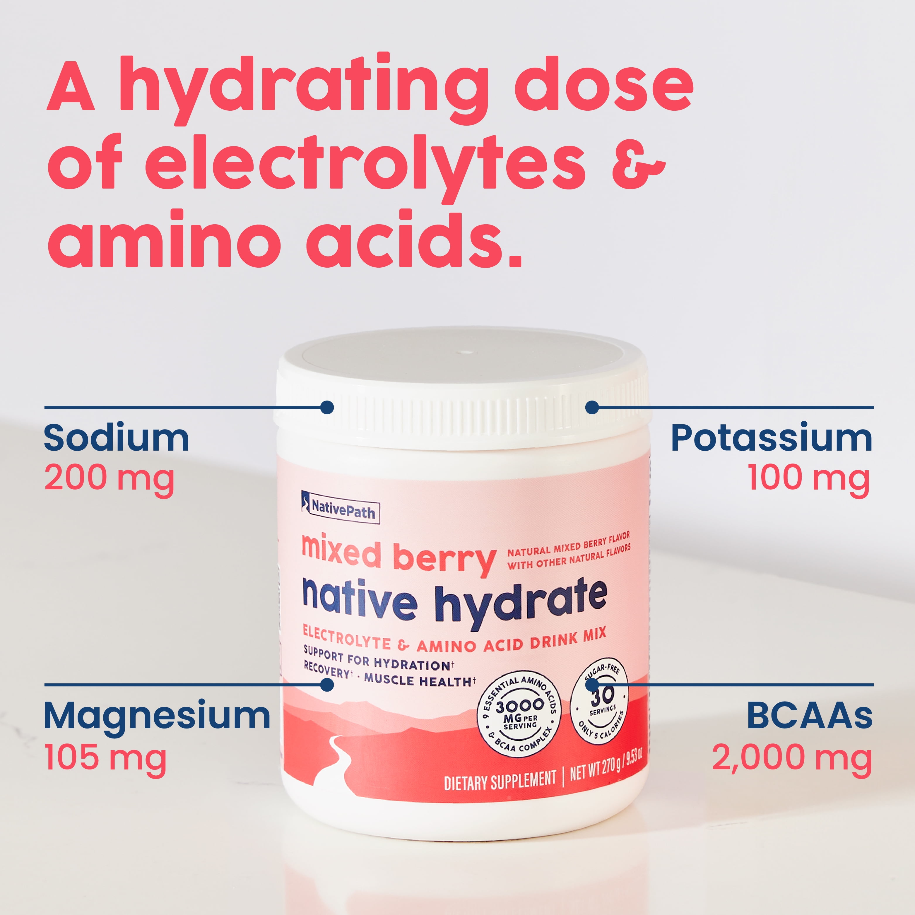 NativePath Hydrate Electrolyte Powder, Mixed Berry, Zero Sugar Drink Mix with BCAAs, 30 Servings