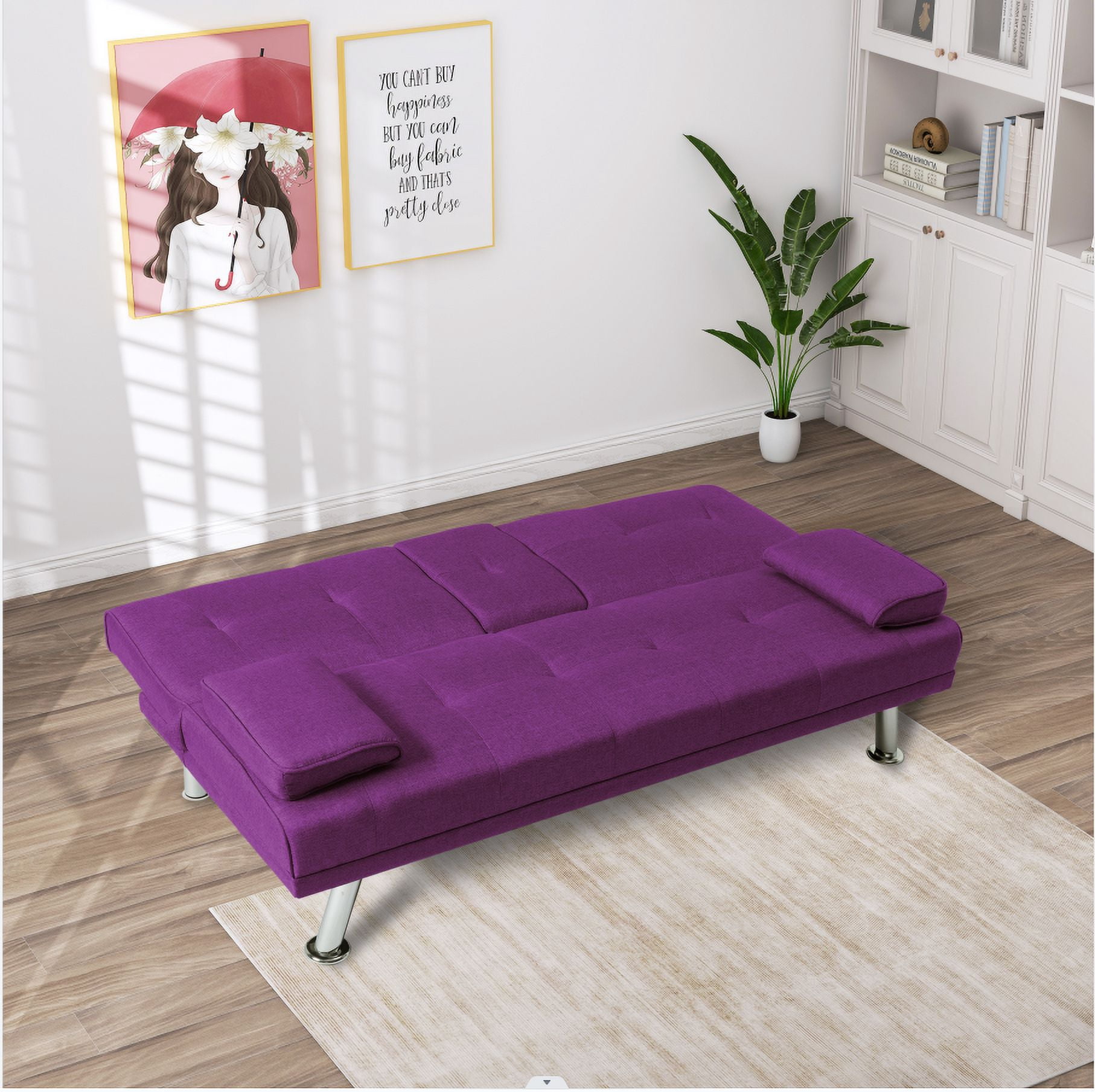 BSHTI 66.3 inch Futon Sleeper Sofa Bed,Twin Size Futon Sleeper,Purple Polyester Upholstery Sofa Bed,for your Home,Office,and Guest Room
