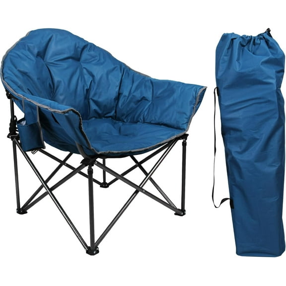 LET'S CAMP Heavy-Duty Oversize Camping Chair Round Moon Saucer Chair Padded with Cup Holder and Carry Bag Folding Chair,Navy