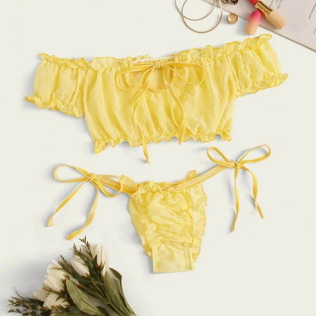

MRULIC womens underwear Lace Bowknot Women Set Pajamas Cute Lingerie Sleepwear Embroidery OffShouder Yellow + S