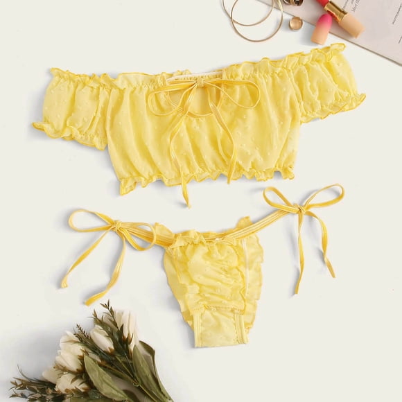 Bra & Brief Sets Cute Women Embroidery Lace Bowknot Off-Shouder Lingerie Set Sleepwear Pajamas M
