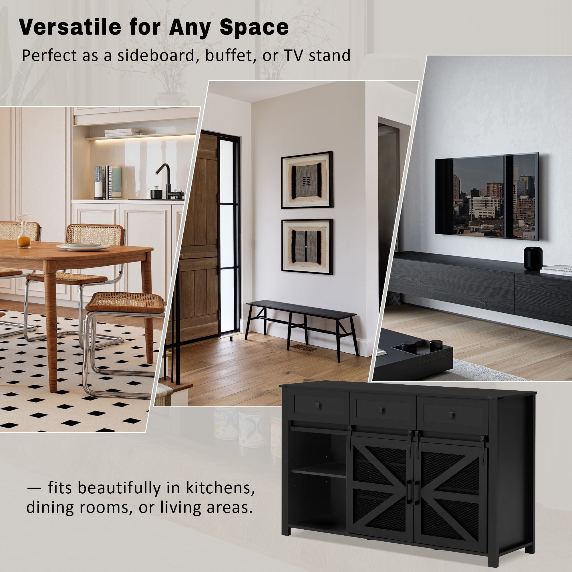 Euroco 55" Sideboard Buffet Cabinet with Sliding Barn Door, Farmhouse Storage Cabinet with 3 Drawers,Adjustable Shelves, Aluminum Handles & Metal Mesh, Wood Coffee Bar Table for Kitchen,Black