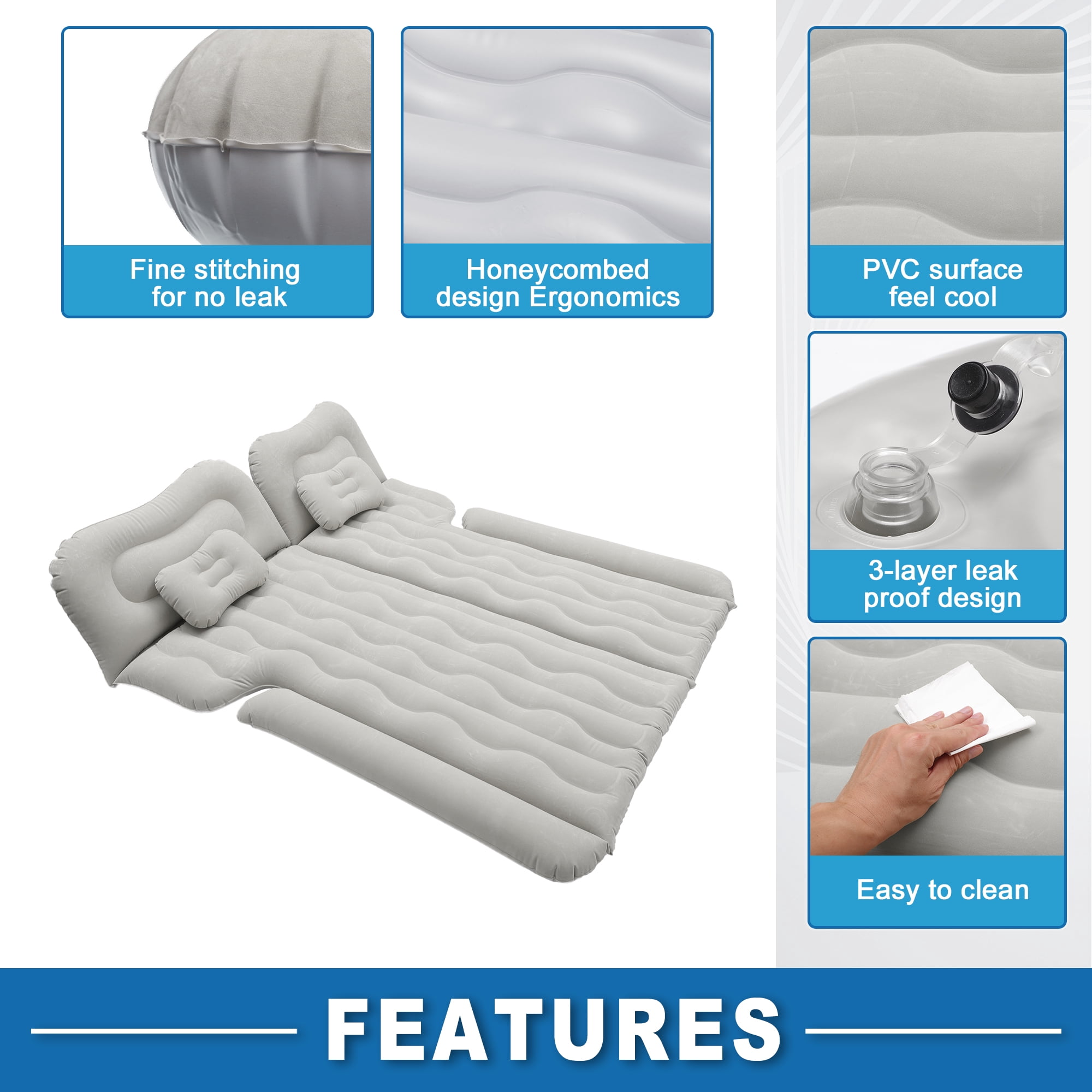 Unique Bargains 1 Set Car Air Mattress Camping Bed Air Bed Mat Sleeping Mat with Air Pump for Car Travel Camping Gray