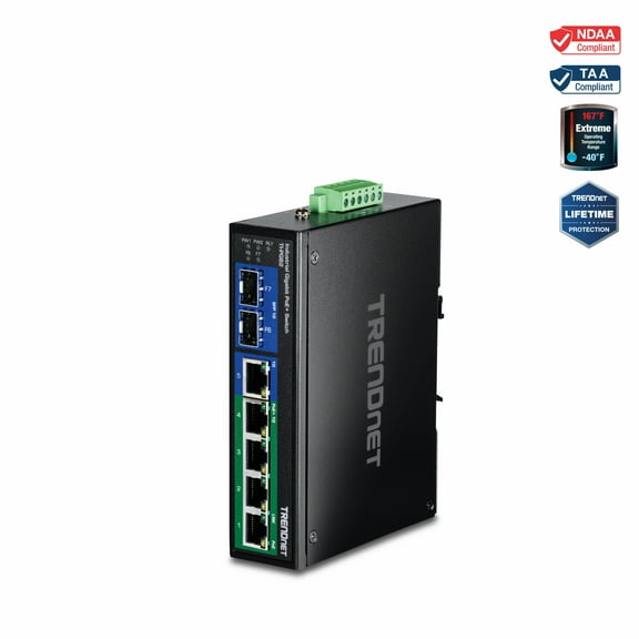 TRENDnet  TI-PG62, 6-Port Hardened Industrial Gigabit PoE  DIN-Rail Network Switch