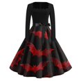 thumbnail image 1 of Vestido de Halloween para mujer, vestido vintage de manga larga con estampado de murciélago rojo, disfraz gótico para fiesta, 1 of 3