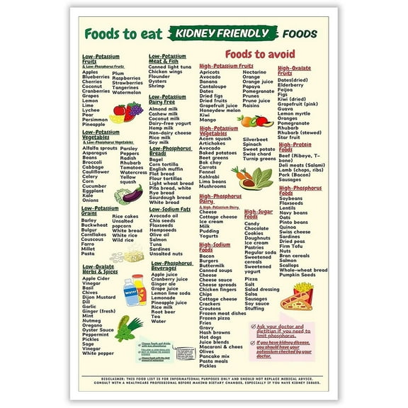Kidney Food List Poster Low Potassium, Grocery List, Shopping List Food Guide For Beginner Kidney Diet Plan List Perfect holiday gift poster