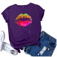 thumbnail image 3 of ICHUANYI Clearance Fashion Women Colorful Lip Print Short Sleeve Casual T-Shirt Blouses Tops(Purple, XL) ICHUANYI WER2023080904799, 3 of 4