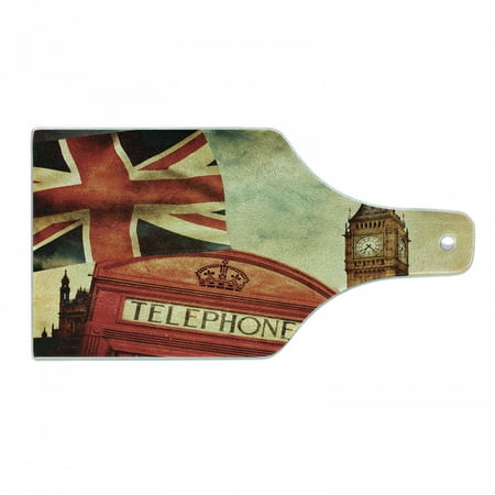 

London Cutting Board Vintage Style of London with National Flag UK Britain Old Clock Tower Decorative Tempered Glass Cutting and Serving Board Wine Bottle Shape Multicolor by Ambesonne