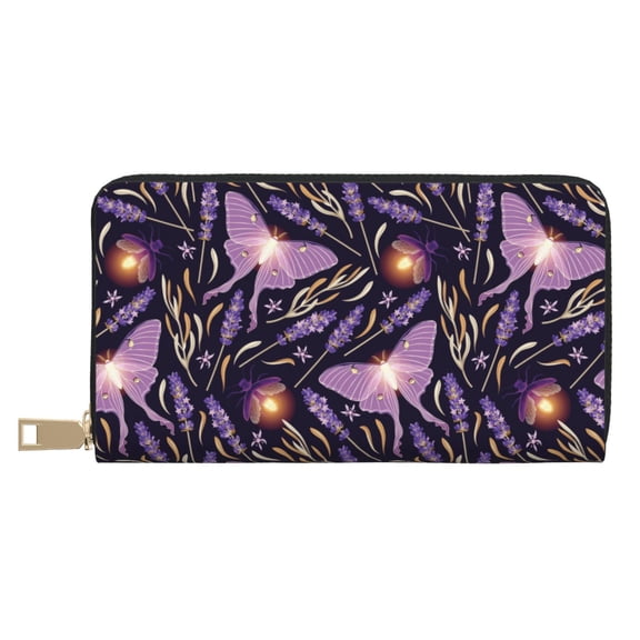 Leather Thin Slim Wallets for Women Men - Lavender Flowers Glowing Butterfly Clutch Card Wallet for Women Men with Zipper