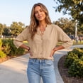 thumbnail image 5 of longantii Women's Linen Shirts Boho 3/4 Sleeve Scalloped V Neck Tops Breathable Solid Color Pullover Button Up Outdoor Daily Wear for Spring Fall Brown M, 5 of 6