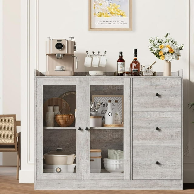 Buffet Cabinet with Storage, 43" Modern Sideboard, Kitchen Cabinet with Guardrail, Adjustable Shelves, 3 Drawers, Wood Buffet Table, for Dining Room, Kitchen Storage