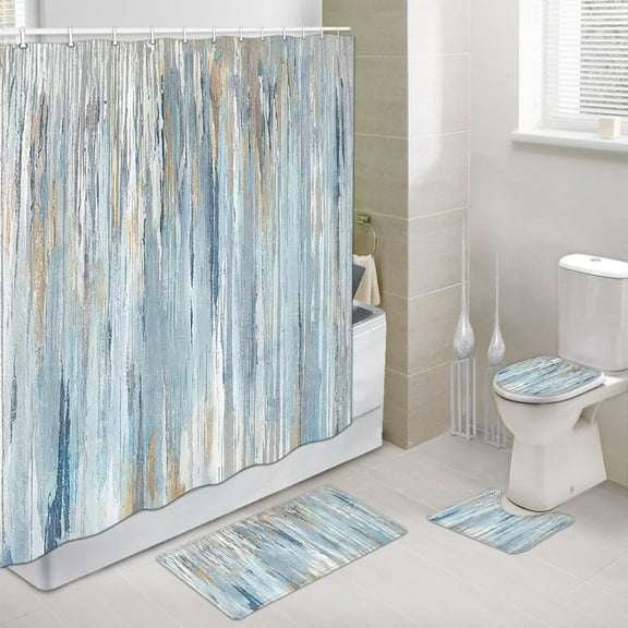 4 Pcs Shower Curtain Set, Blue and Grey Abstract Art Shower Curtain with Non-Slip Rugs, Toilet Lid Cover and Bath Mat, Bathroom Sets Decorations 72" x 72",Navy Blue