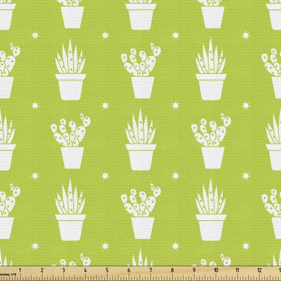 Cactus Print Fabric by the Yard, Repetitive Plants in Pots Different Shapes of Exotic Items Stars, Decorative Upholstery Fabric for Sofas and Home Accents, 2 Yards, Yellow Green and White by Ambesonne