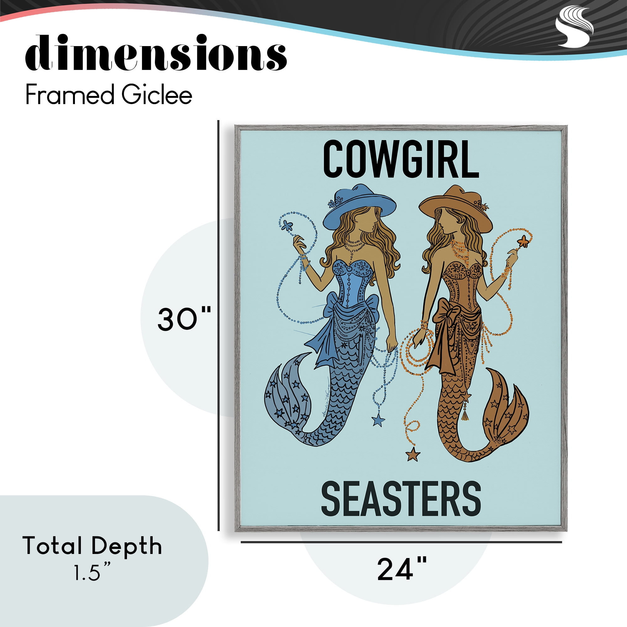 Cowgirl Seasters Mermaid Friendship Gray Framed Giclee Art, design by Amelia Noyes