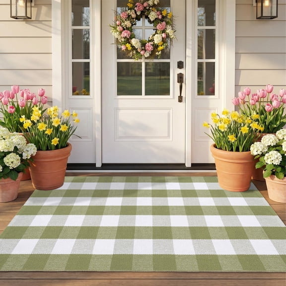 Spring Green Plaid Rug 3x5 Washable Cotton Blend Layered Doormat Front Porch Entryway Farmhouse Indoor Outdoor Decor Living Room Adult