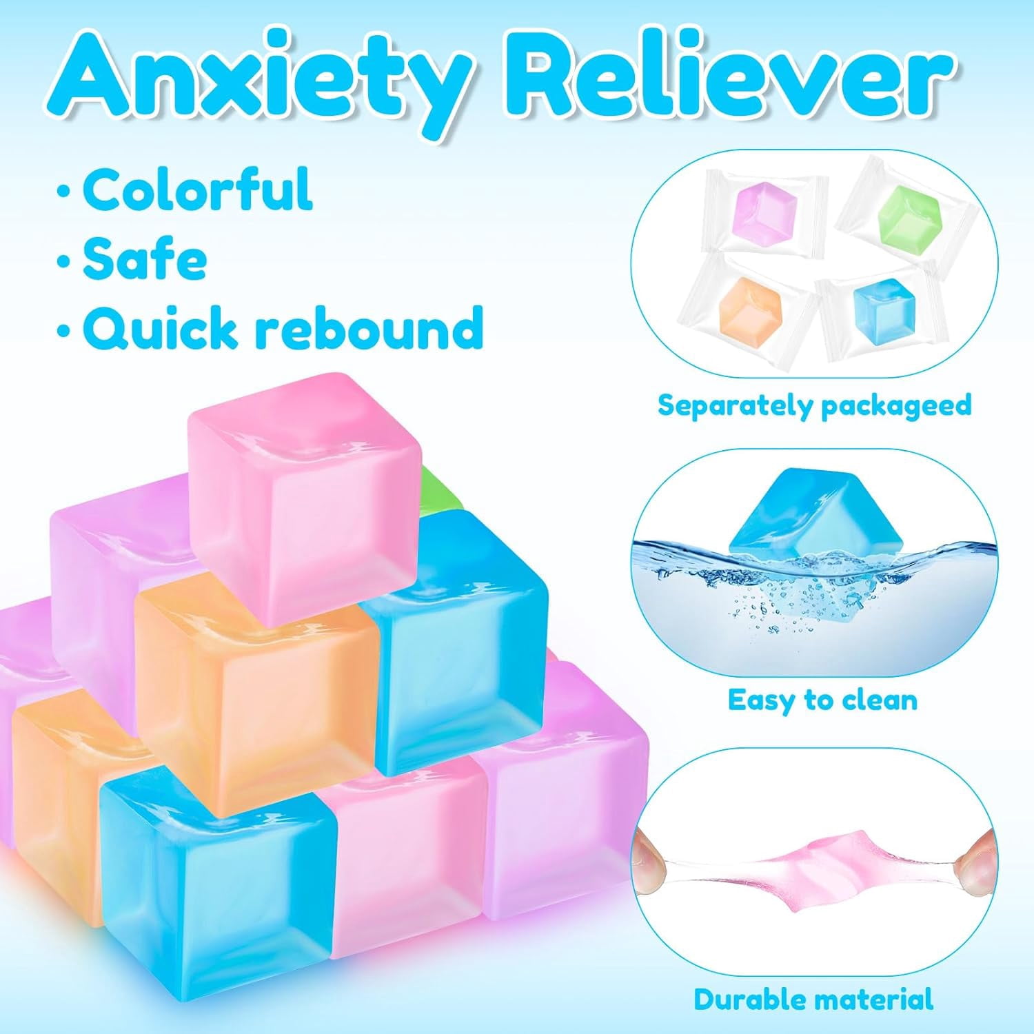 Natonhi 96 pcs Mini Ice Cube Stress Balls Fidget Toys Bulk Squeeze Square Ball Sensory Toys Stress Relief Ice Cube for Small Prize Birthday Party Favor Bags Box Filling