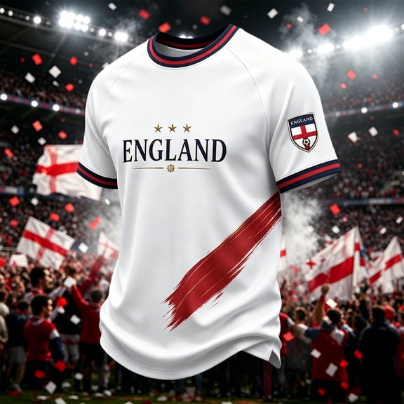 England 2026 Soccer Cup Fan Jersey for Men, Crewneck Short Sleeve T-Shirt with Red & White Shield Graphic, Lightweight Breathable Athletic Top, 1 PC Beige L