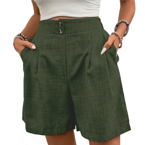 cocolona Womens Summer Casual Bermuda Shorts Elastic Button Waist Straight Wide Leg Beach Shorts with Pocket