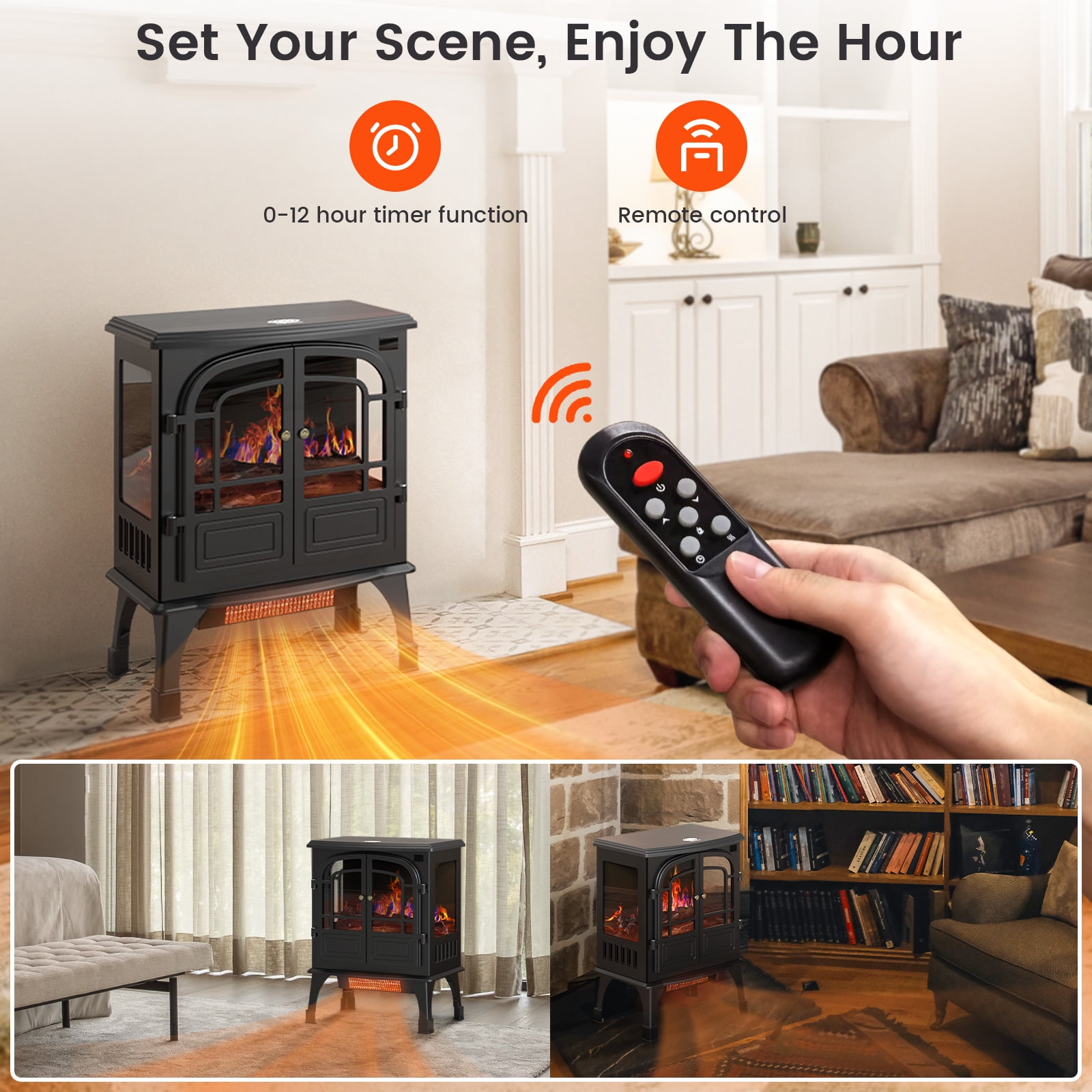 BLITZHOME 24'' Electric Fireplace Heater Stove Freestanding, 3D Realistic Flame, with Control Panel and Remote, Timer, ETL Certified, Overheating Safety Protection, 700/1500W