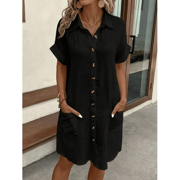 Zukuco Women's Dress Summer Casual Collar Button Down Short Sleeve Tunic Shirt Dress with Pockets, M