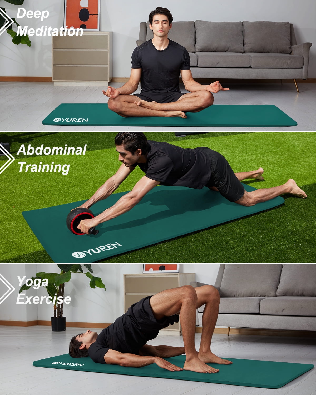 YR Thick Yoga Mat 15mm NBR 78"x35" Wide Exercise Workout Mats for Home Gym Floor Fitness Pad, Green