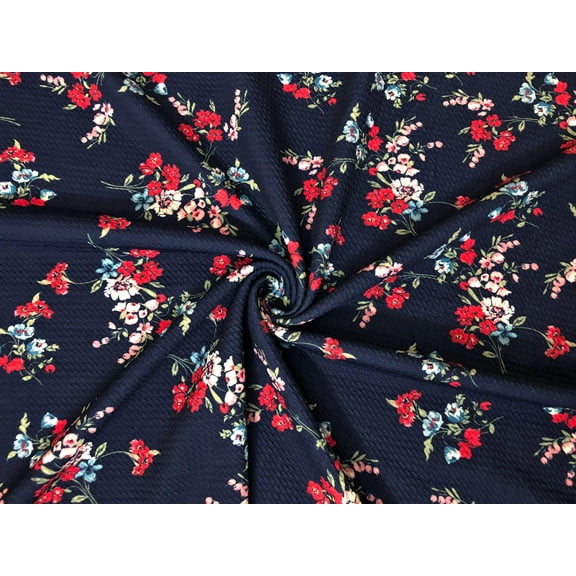 Bullet Knit Printed Fabric-Navy Blue Red Flowers-BPR271-Sold by the Yard