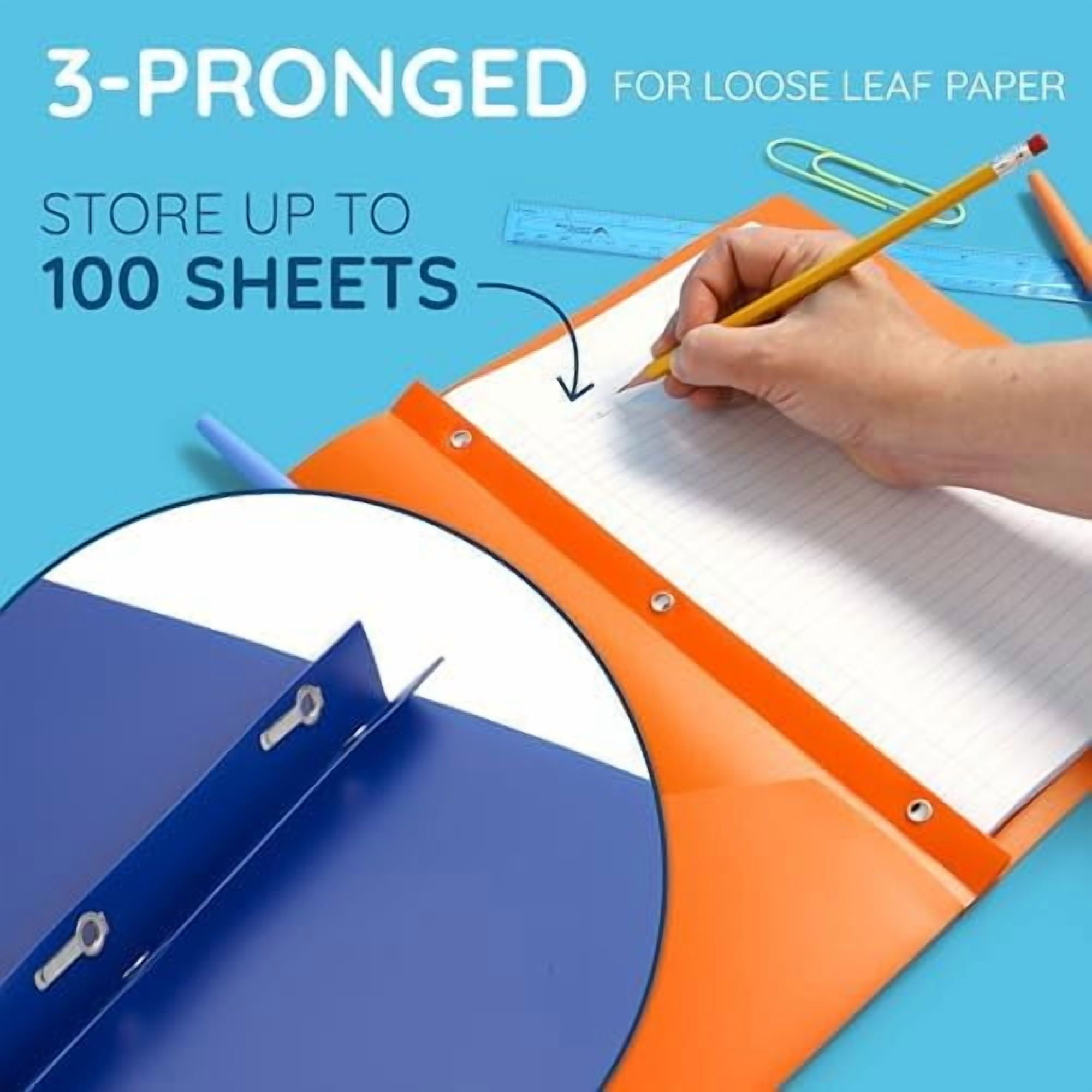 6 Pack Multicolor Plastic Folders with Pockets and Prongs, 2 Pocket Plastic Folders with Prongs and Brads for School, Home, and Work$$Office