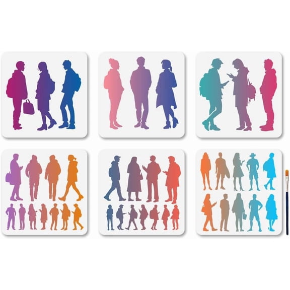 6 PCS People Scenes Silhouettes Stencils 7.9×7.9 Inches Man Women Reusable Stencils Human Figure Student Drawing Templates with Paint Brush for Wood Furniture Wall Canvas colorful