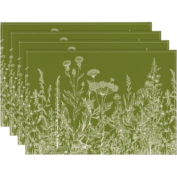 Antique Herbs and Wild Flowers Spring Placemats Set of 4, 12x18 Inch Seasonal Sage Green Summer Table Mats for Party Kitchen Dining Decoration