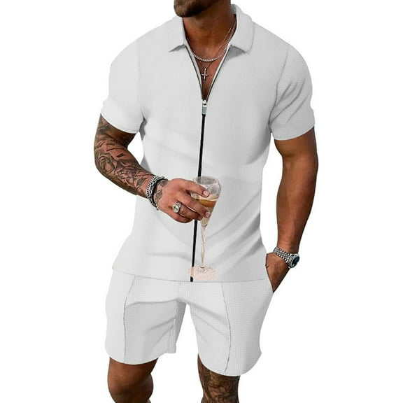 XBASW Men's Waffle T Shirt and Shors Set Summer Short Sleeve Zipper Lapel Tee Short Sleeve 2 Piece Tracksuit Outfits for Men M- 3 XL