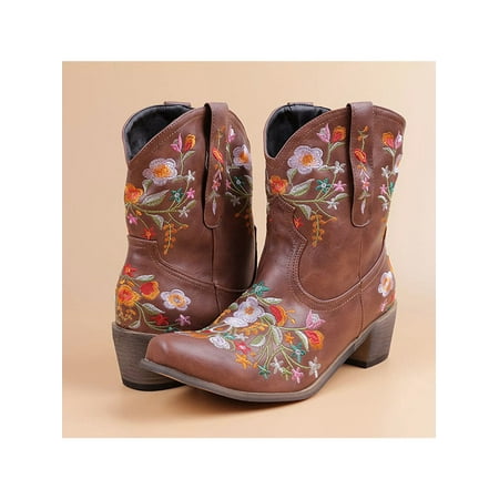 

Bellella Women Boots Embroidered Floral Short Bootie Round Toe Ankle Boot Casual Winter Shoes Playing Outdoor Brown 4